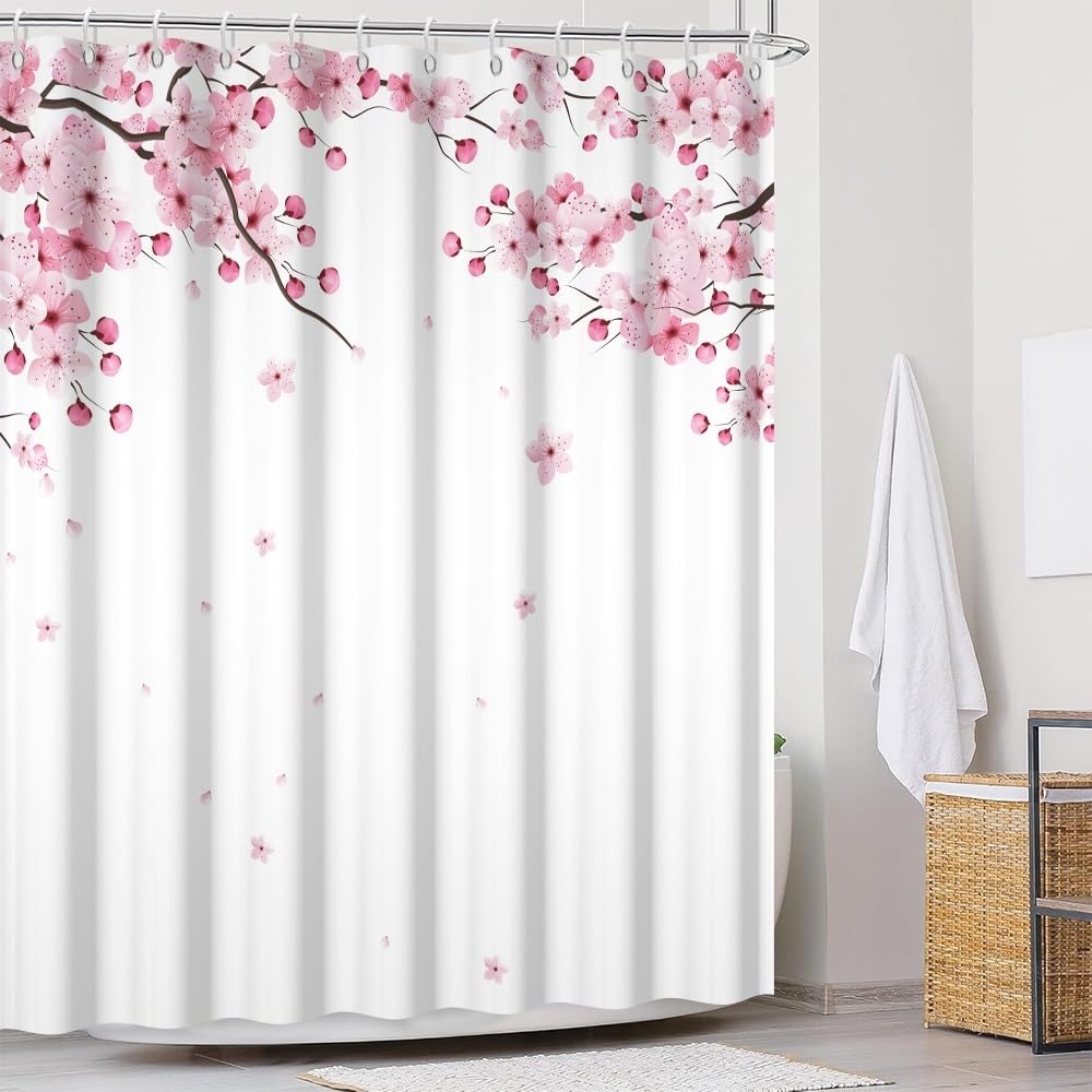 Pink Cherry Blossom Shower Curtains for Bathroom Watercolor Spring Floral Shower Curtain Sets Janpenese Asian Style Shower Curtain Bathroom Curtains Set with Hooks 72x78 Inch (72"W x 78"L (Pack of 1) / Pink-33)