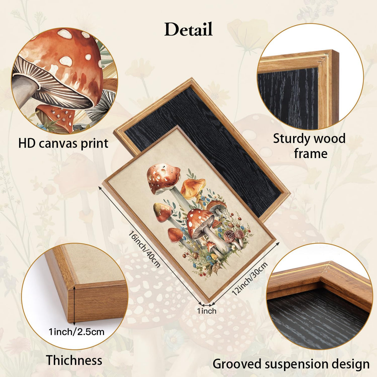 Vintage Mushroom Framed Canvas Wall Art Set Of 3 (Mushroom wall art)