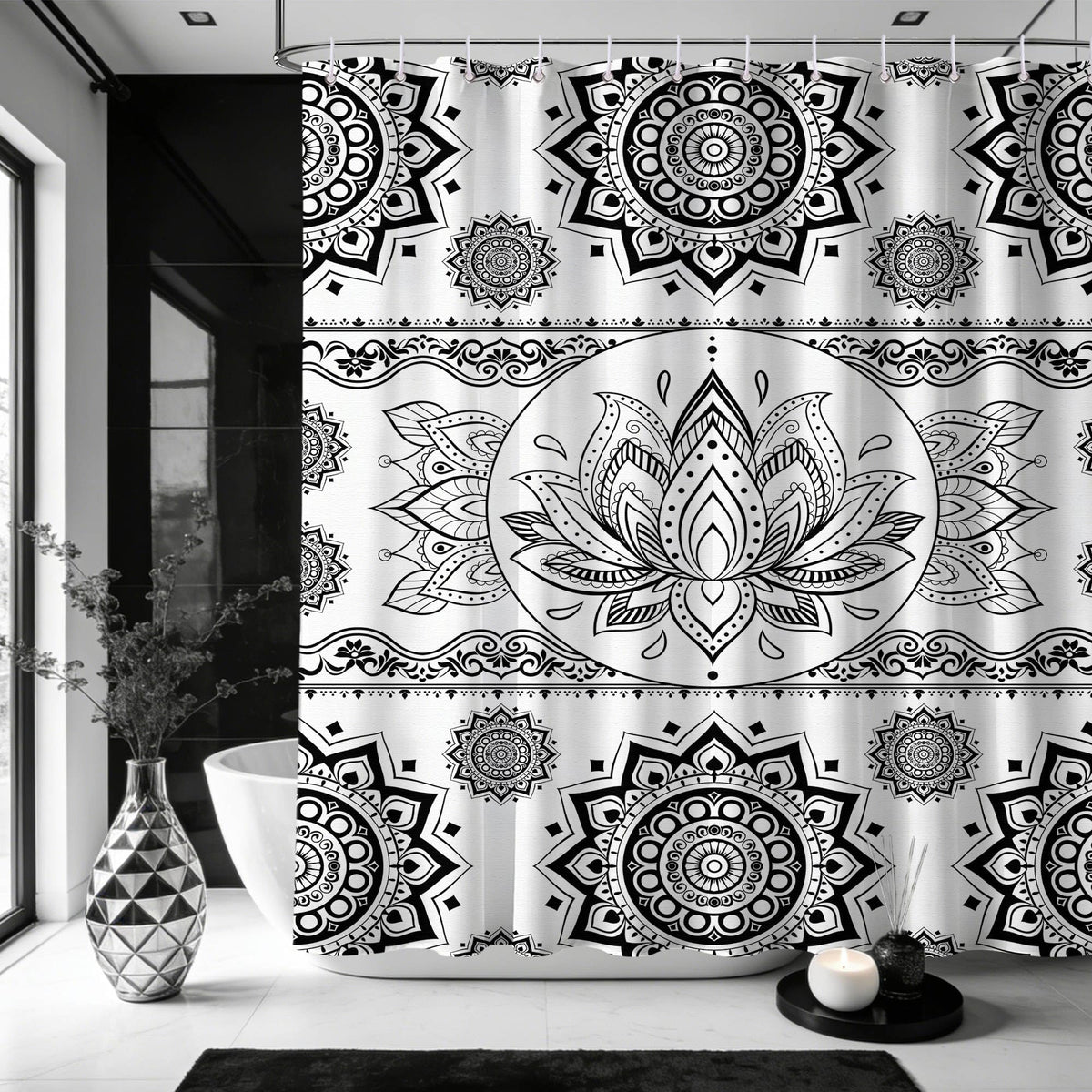 Black and White Mandala Shower Curtain Lotus Flower (Coloful / 70"W x 72"L (Pack of 1))