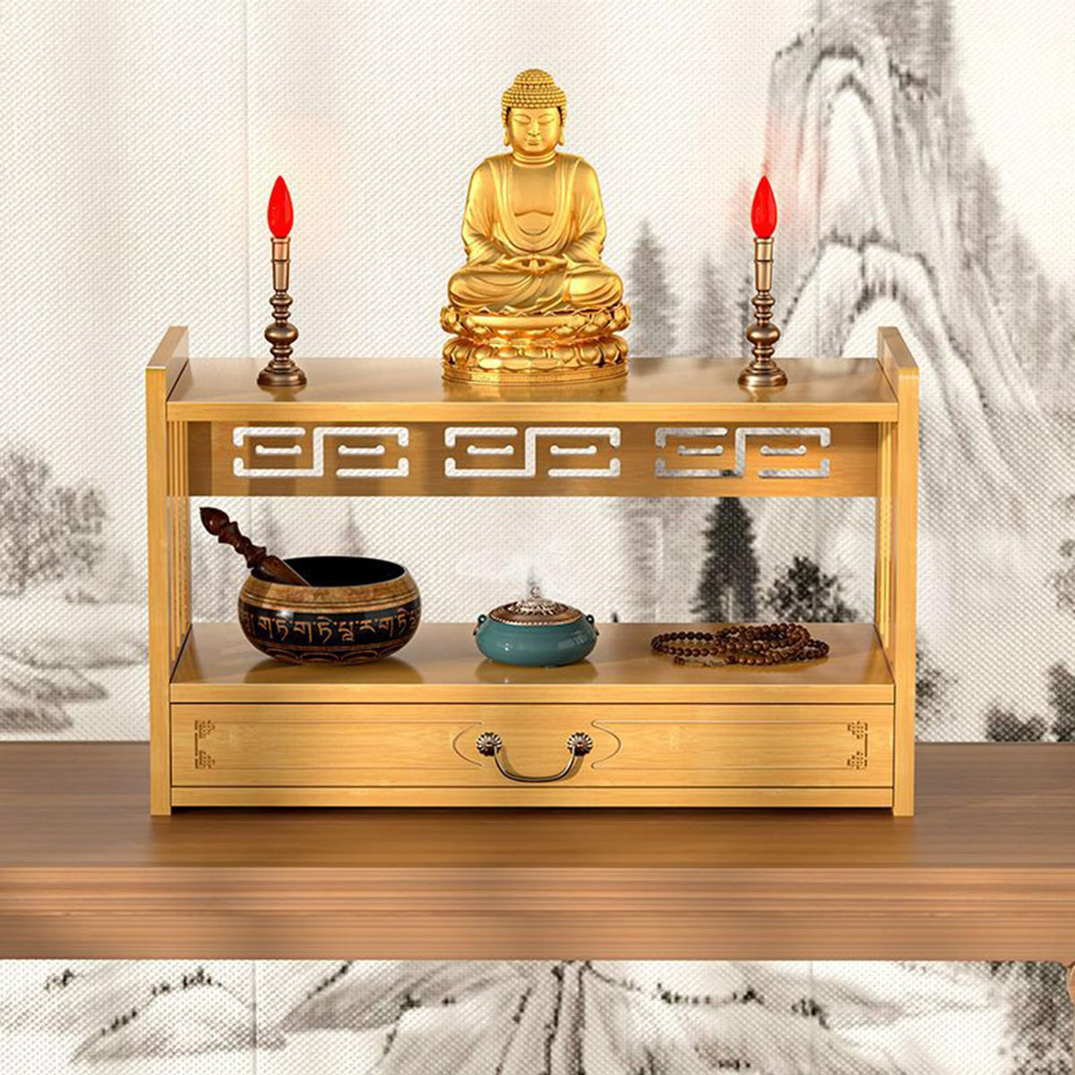 Low 3 Tier Meditation Table with Drawer (Wood Color / 20.4”W)