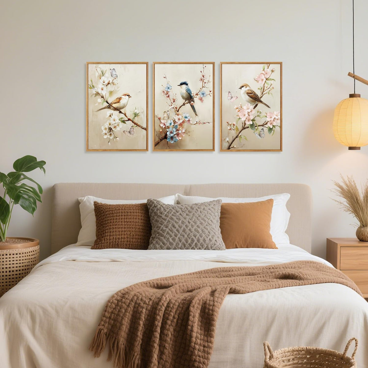 Bird and Blossom Framed Canvas Wall Art Set Of 3 (Bird)