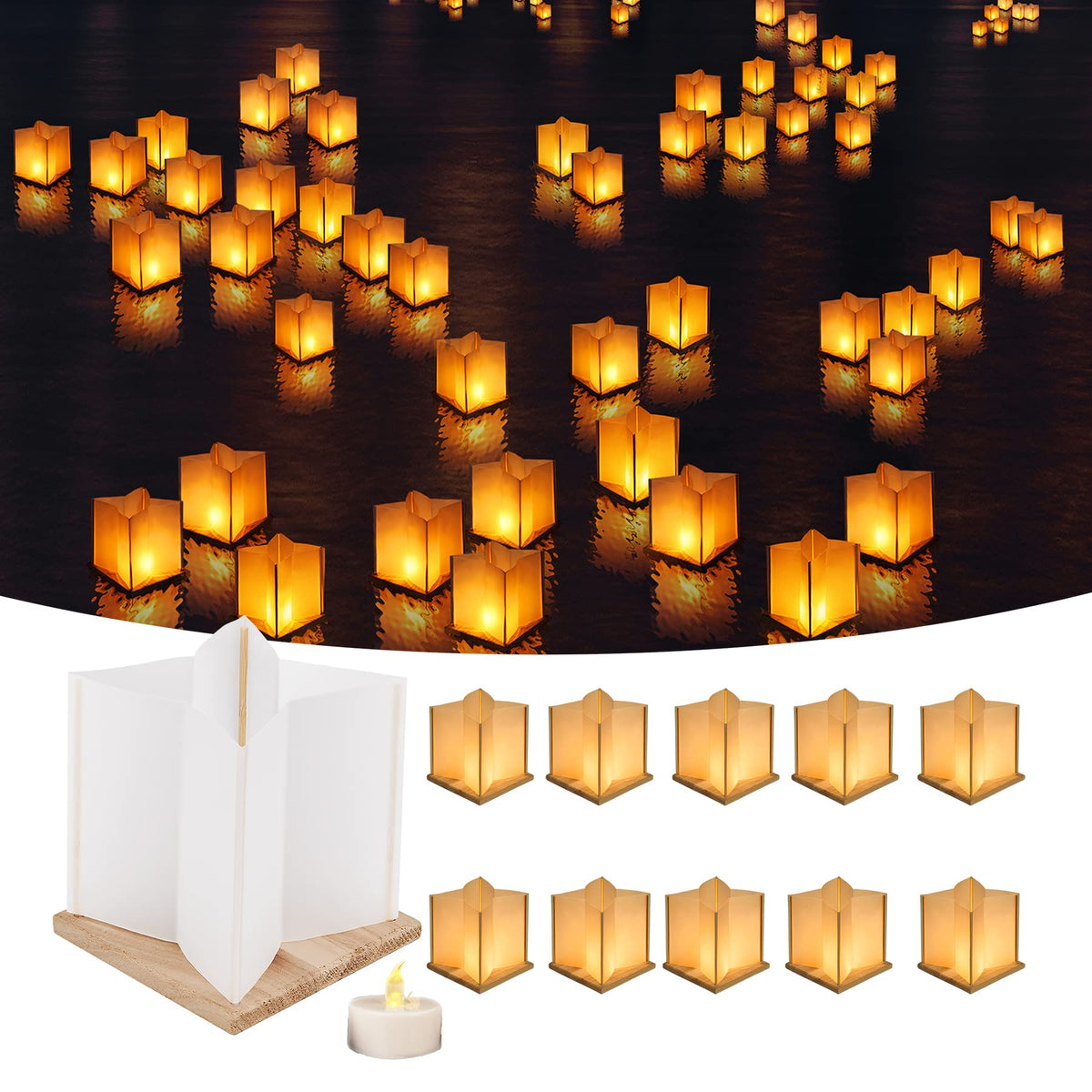 20 Pack 6" Star Shaped Floating Lanterns with Waterproof Wooden Base Sets