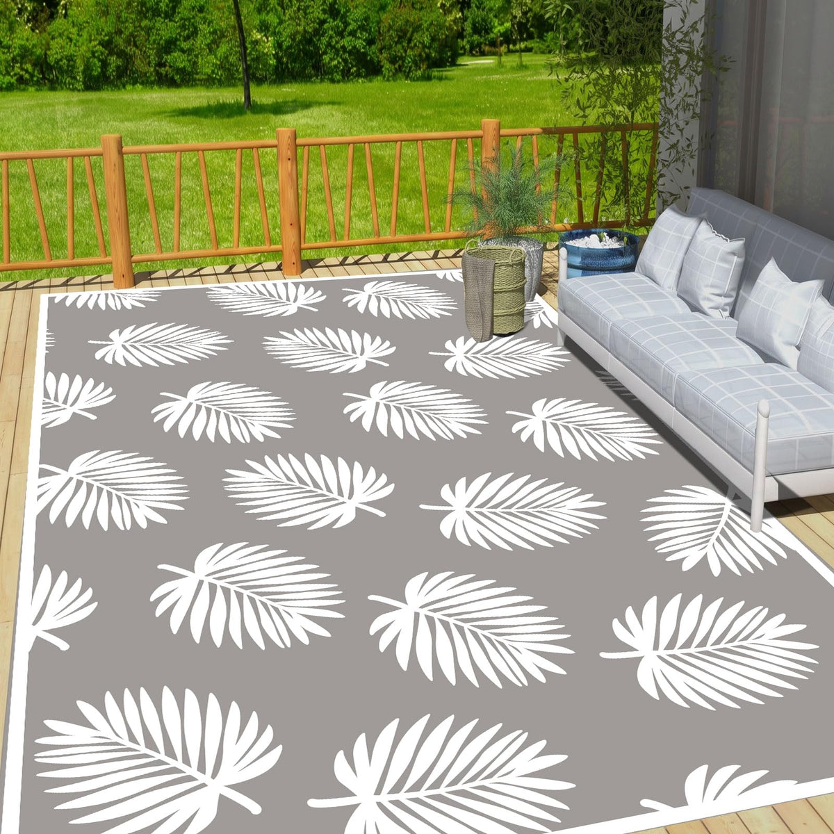 Outdoor Rug 5x8 ft Waterproof plastic Mat For RV Backyard Deck Patio Grey (Palm Frond / 5x8 Feet)