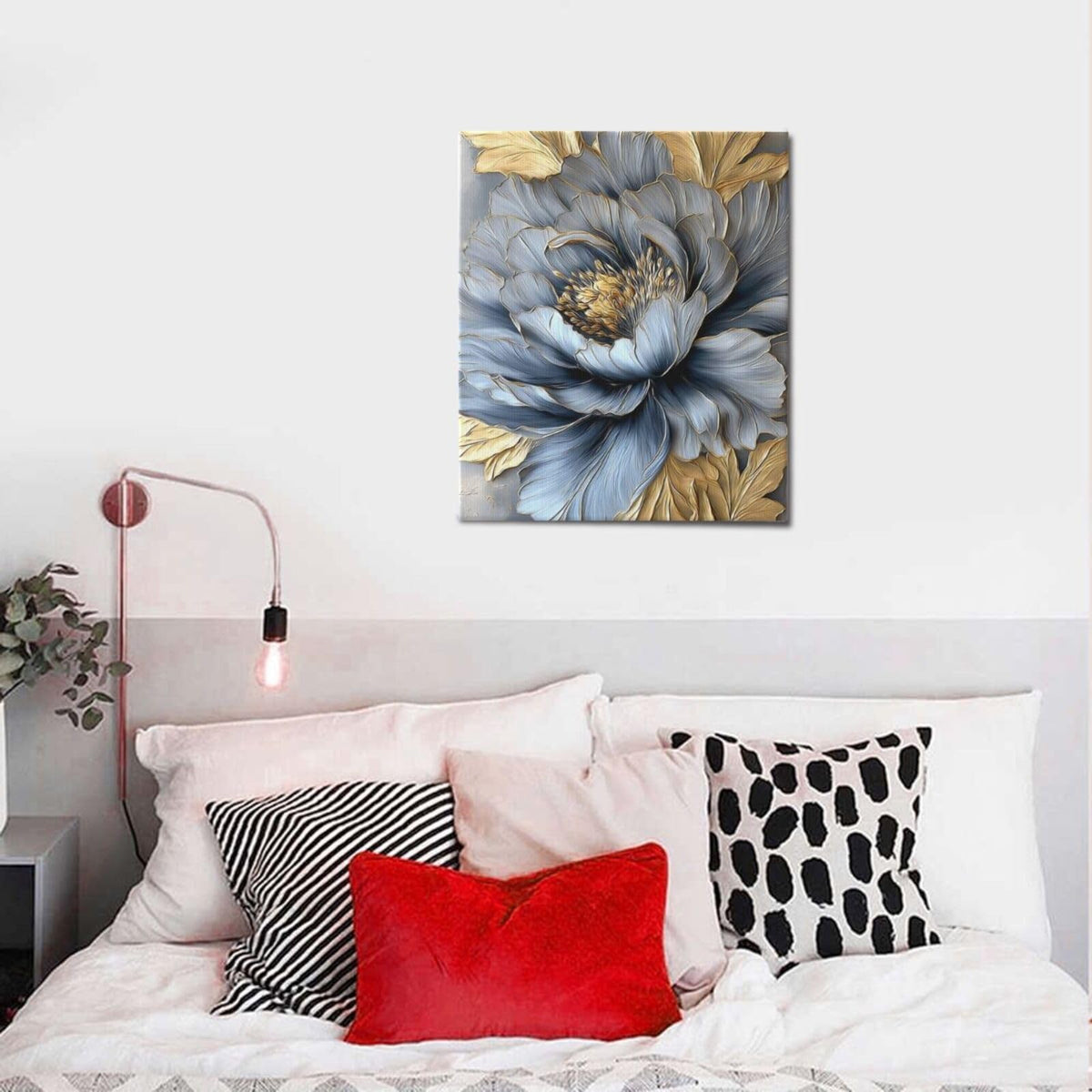 Blue Golden Peony Flower Wall Art For Female Gold Bathroom Canvas Wall Decor Boho Floral Pictures Aesthetic Textured Paintings Prints Modern Woman Artwork Framed Decorations For Bedroom Living Room Office Gifts 20" x 24" (Gold Flower / 24"L x 20"W)