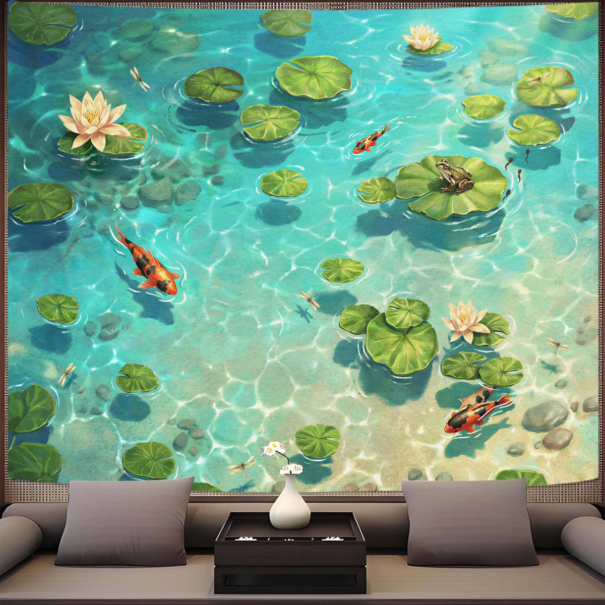 Japanese Summer Pond Tapestry (Art Deco / Teal / 80"L x 60"W)