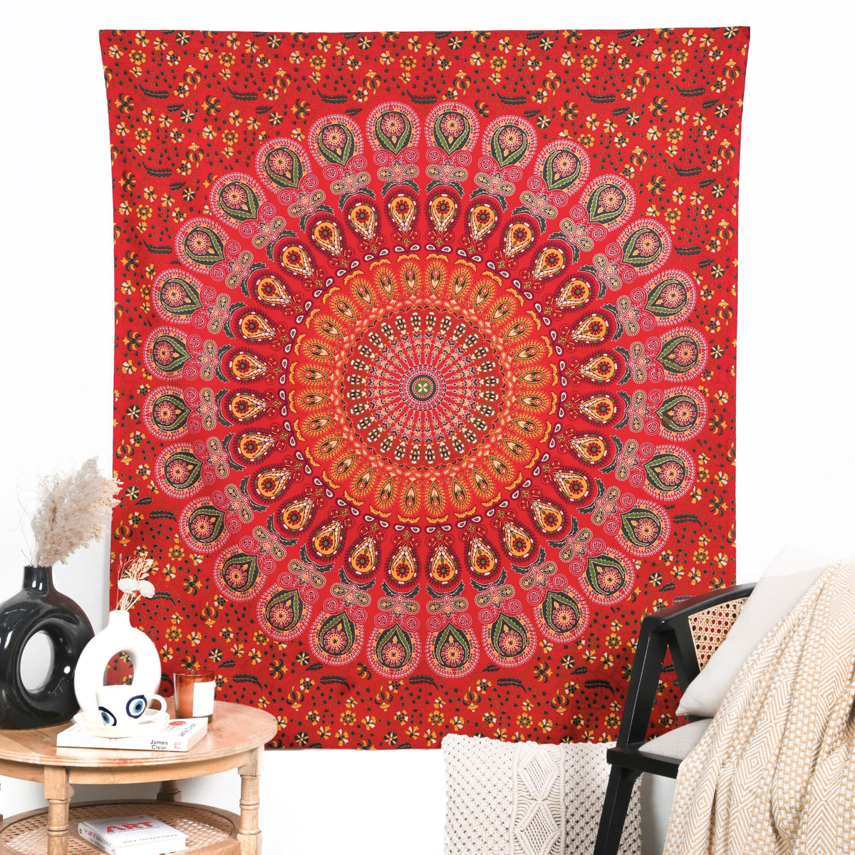 Mandala Wall Hanging Tapestry for Bedroom and Living Room Decor with Peacock Pattern Indian Boho Bohemian Small Tapestries Golden Red 60x50 Inches (Golden Red / 60"L x 50"W)