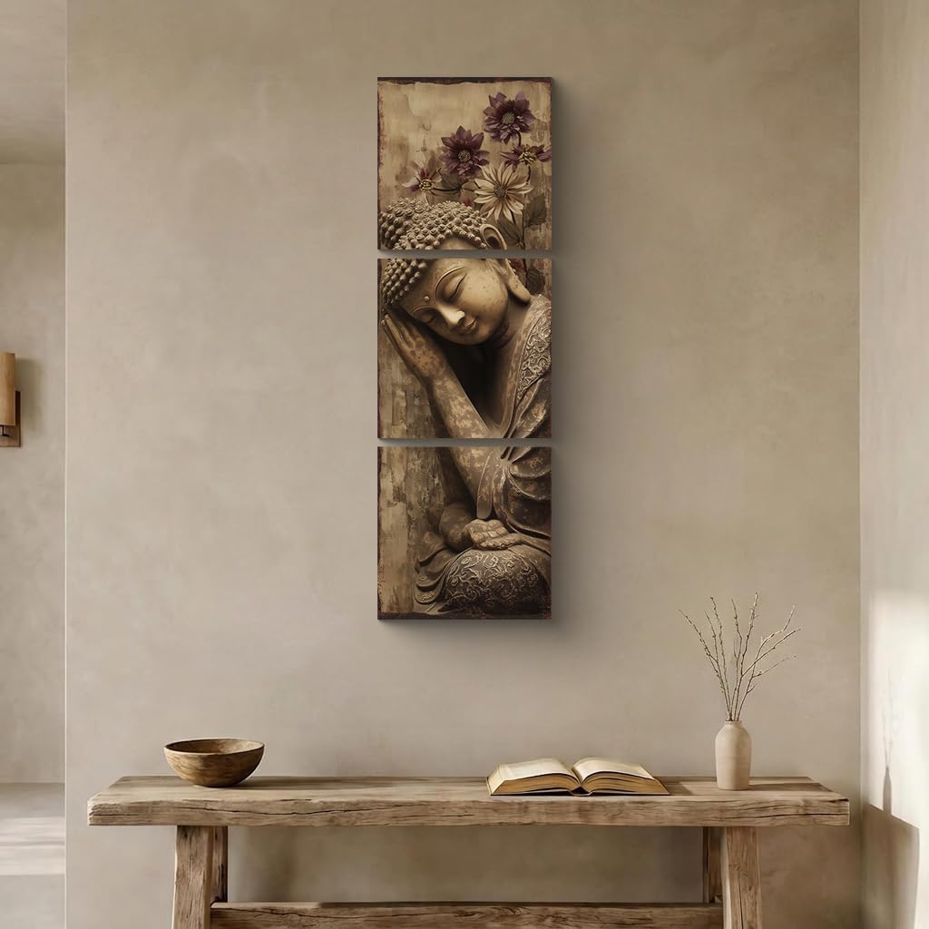 3PCS Serene Sleeping Buddha Canvas Wall Art Print Meditating Buddha Statue with Purple Flowers Peaceful Zen Buddhist Spiritual Pictures for Bedroom Living Room Meditation Room Decor (12"L x 12"W / Sleeping Buddha)