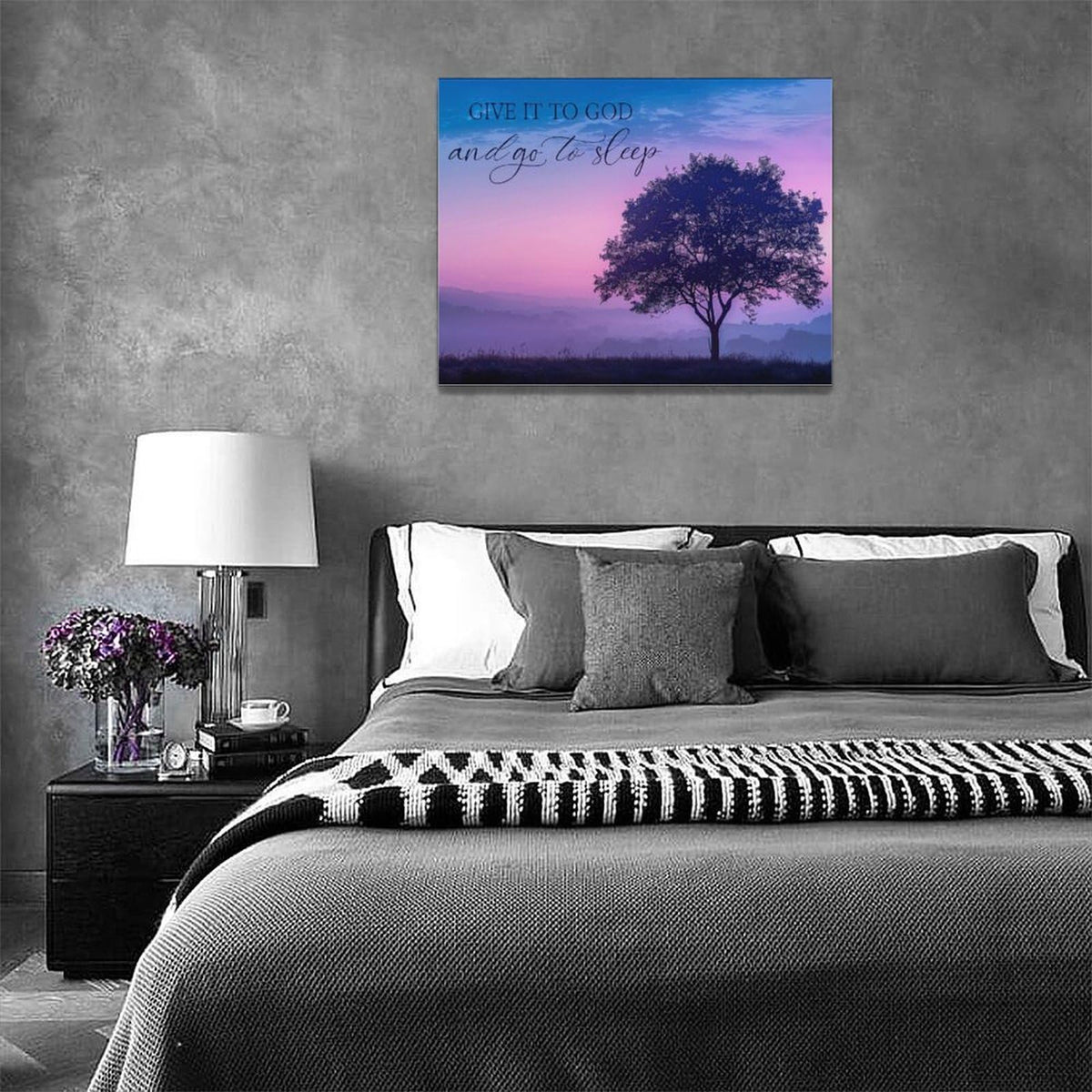 Bedroom Wall Art Give it to God and Go to Sleep Sign Wall Decor Christian Canvas Prints Painting Purple Tree Bathroom Pictures Framed Artwork Gifts Home Decorations 16"x12" (16"L x 12"W / Purple Tree)