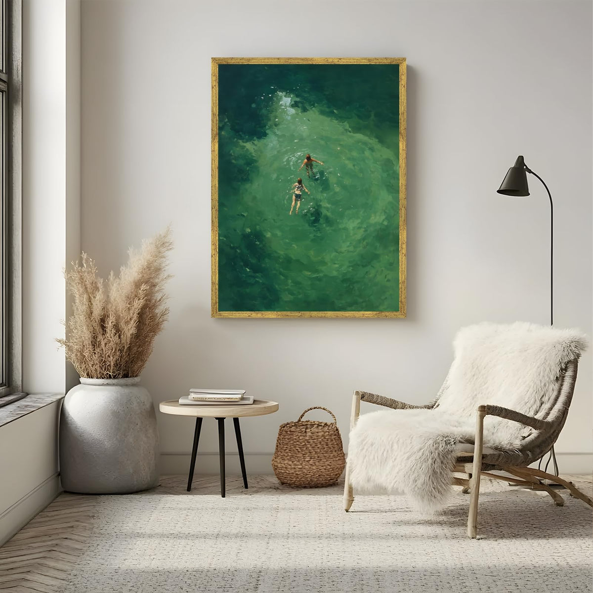 Gold Framed Swimmers Wall Art Swimming in Green Abstract Canvas Poster Aerial View Summer Ocean Painting Print Minimalist Relaxing Coastal Artwork for Bedroom Beach House Decor 24x36inch (24"L x 36"W / Swim - Gold Frame)