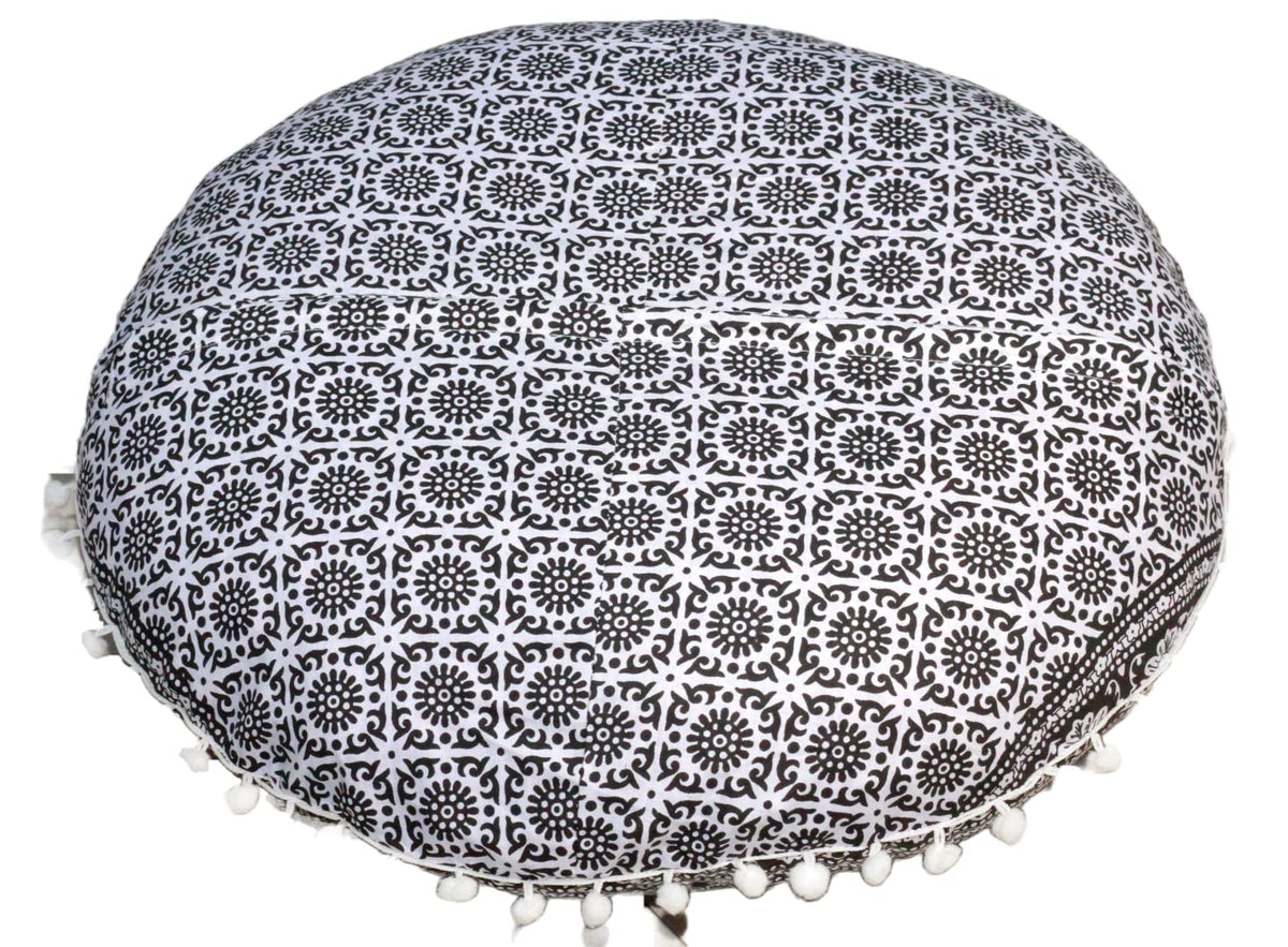 32" Large Round Bohemian Floor Pillow Cover Boho Pouf Cover Mandala Meditation Room Pillows Cover Adults Seating Poufs Cushion Cover for Kids Reading Playroom Black Elephant Flower (Black and White Elephant)