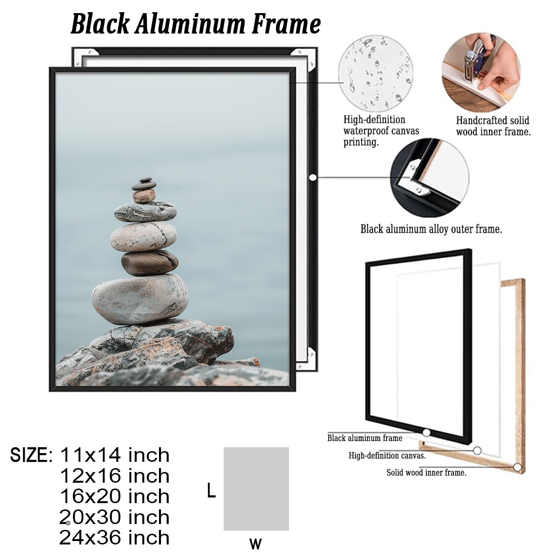 Minimal Zen Rock Stack Wall Art (Black Aluminum Frame-6 / 24"L x 36"W)