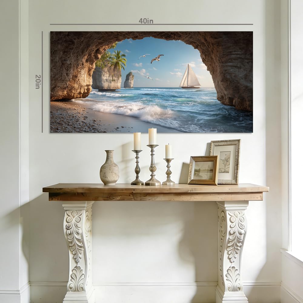 Scenic Ocean Cave View Canvas Wall Art Coastal Sailboat Tropical Island Beach Landscape Painting Gallery Wrapped Relaxing Nature Print Artwork for Living Room Bedroom Bathroom Decor (Coastal / Beach Cave Sailboat 34 / 58"L x 28"W)