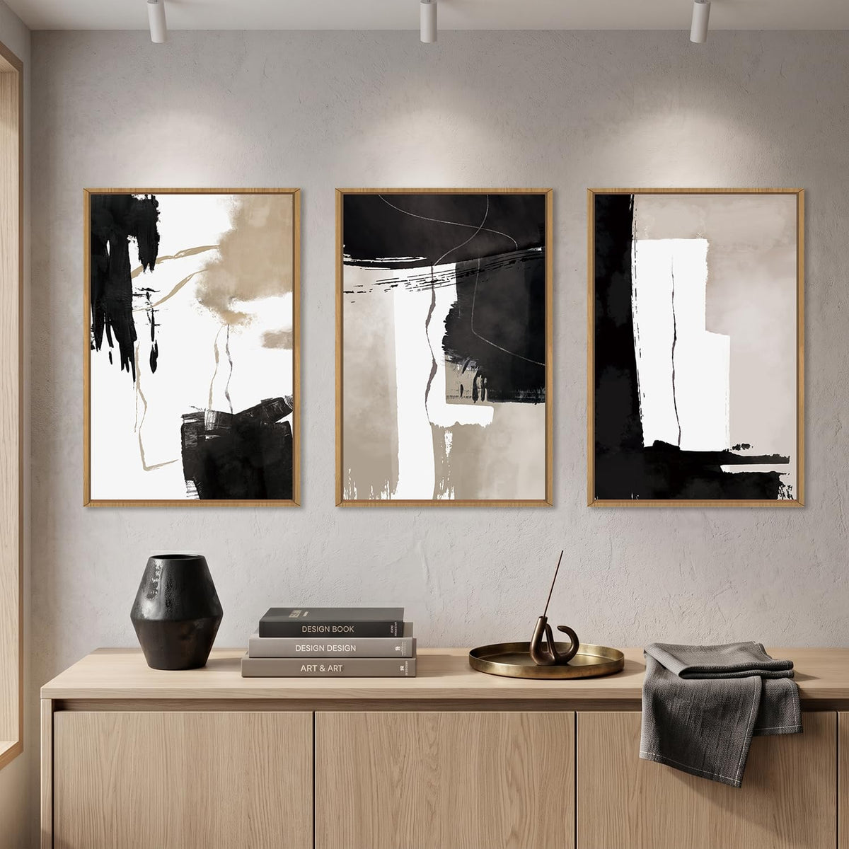 Abstract Black White Brown Framed Canvas Wall Art Set (Black and Brown Wall Art / 24"L x 36"W)