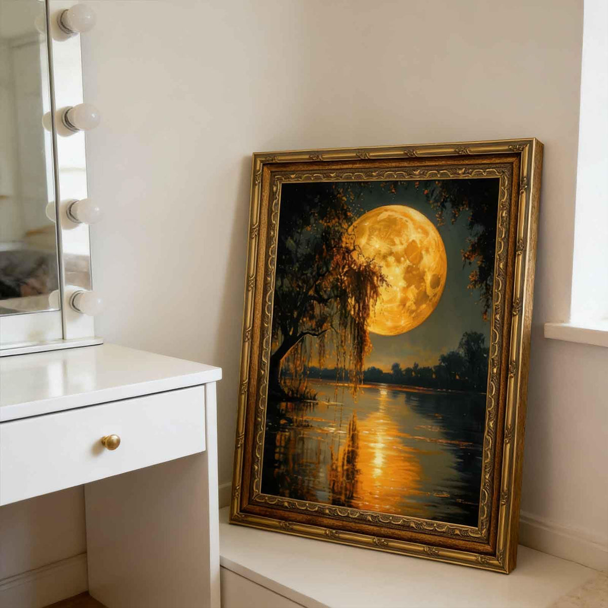 Full Moon Lake Canvas Wall Art Framed Moon Forest Tree Decor Picture Vintage Moody Dark Gold Living Poster Prints for Study Office Corridor Room Resort Home Decoration (moon / 24"L x 16"W)