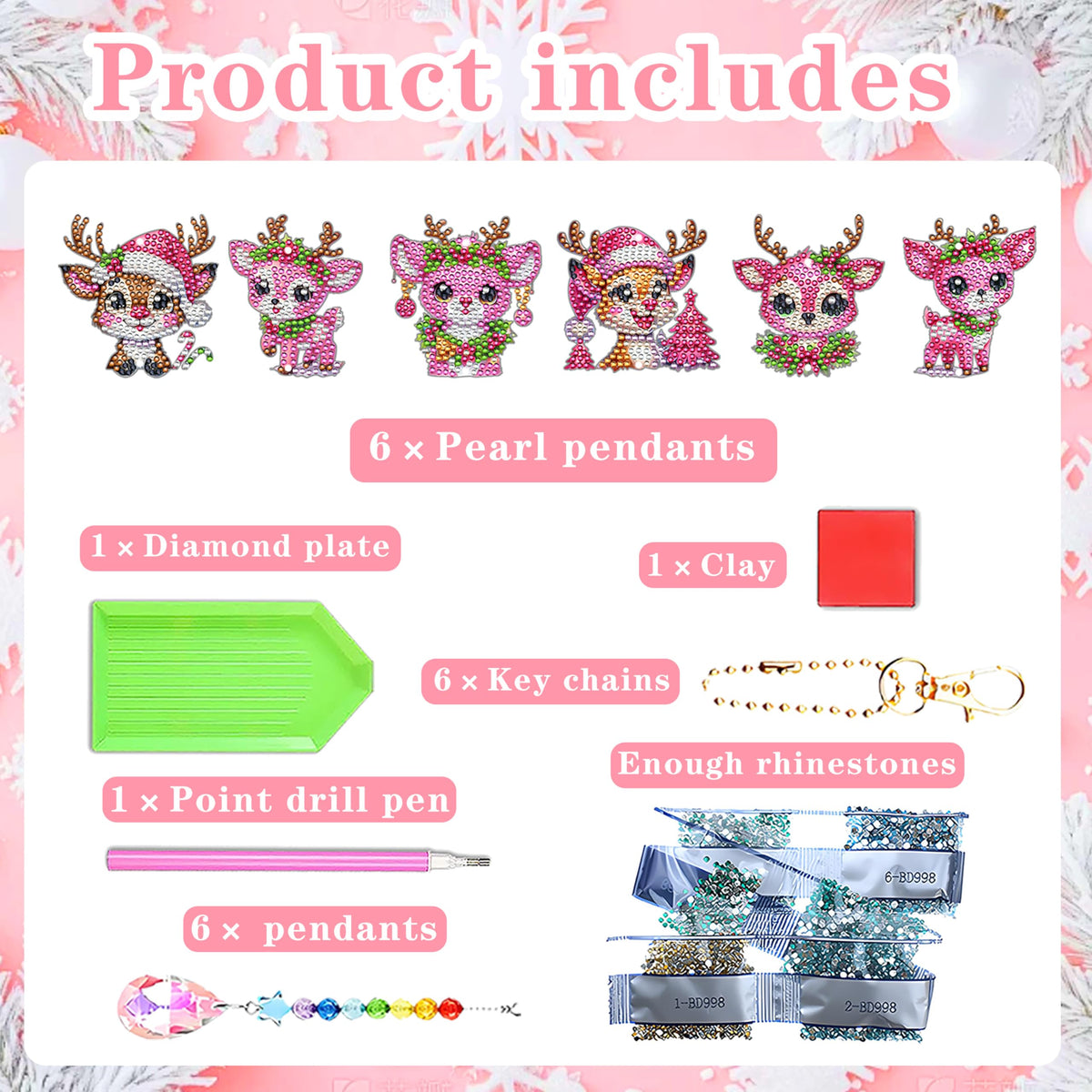 6 Pcs Diamond Painting Wind Chimes Pink Deer Diamond Art Christmas Ornament Kits Suncatcher 5D DIY Diamond Art Kits for Adults Holiday Xmas Best Gifts (Pink Deer)
