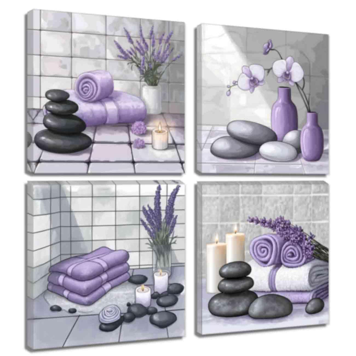 Zen Wall Art for Bathroom Decor Zen Stone & Orchid Still Life Pictures Bath Canvas Prints Zen Meditation Room Spa Wall Decor (20.00" x 20.00" x 4 / Purple)