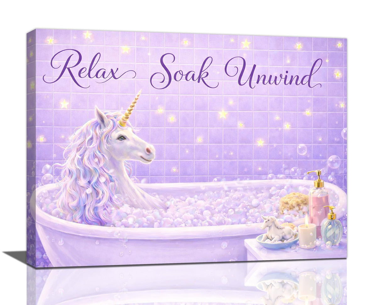 Bathroom Unicorn Wall Art Unicorn in Bathtub Wall Decor Relaxing Canvas Painting Pictures Purple Artwork for Bathroom Toilet 12"x16" (Bathroom Unicorn / 16"L x 12"W)