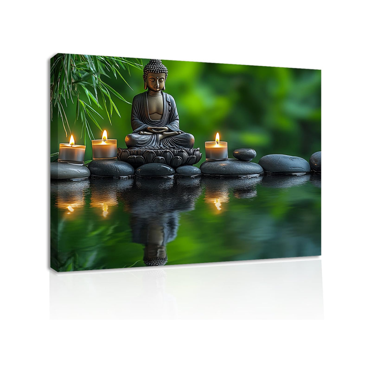 Zen Buddha Canvas Wall Art Meditation Decor with Candles and Stones Print Framed Artwork Poster for Yoga Spa Room Decor (WE000051-8 / 18"L x 12"W)