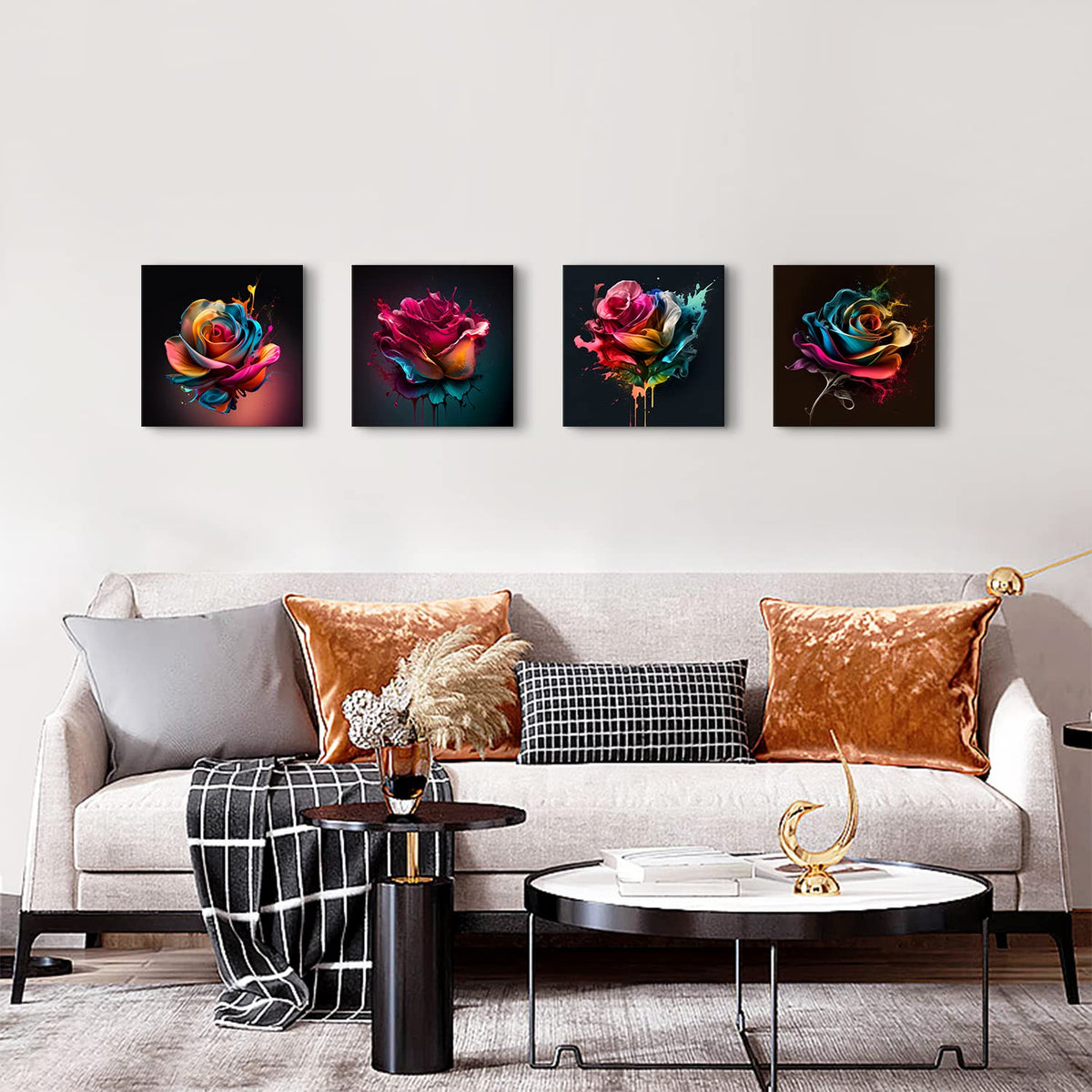 Colorful Rose Wall Art Abstract Graffiti Rainbow Flower Canvas Prints Pictures Bedroom Decor 12x12" 4 Pcs Modern Watercolor Black Background Paintings Artwork for Living Room Bathroom Home Decorations (12"L x 12"W / Colorful Rose)