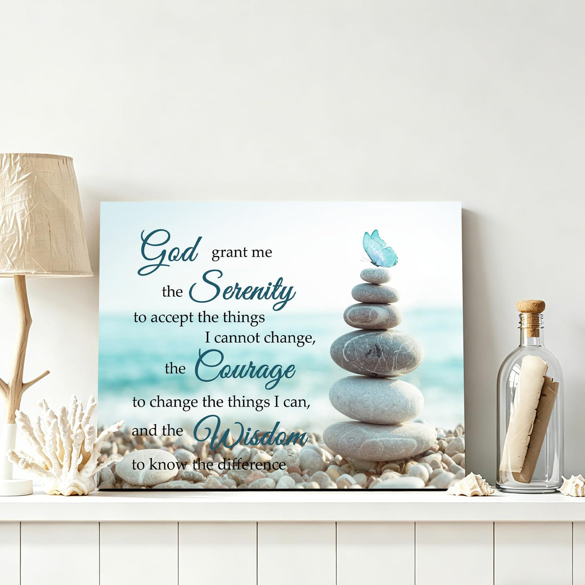 Zen Stone Wall Art Teal Butterfly Tropical Coastal Beach Wood Framed Canvas Wall Art Christian Bible Verses Wall Decor Prints Pictures for Bathroom Living Room Bedroom Dorm (Teal / 12"L x 16"W)