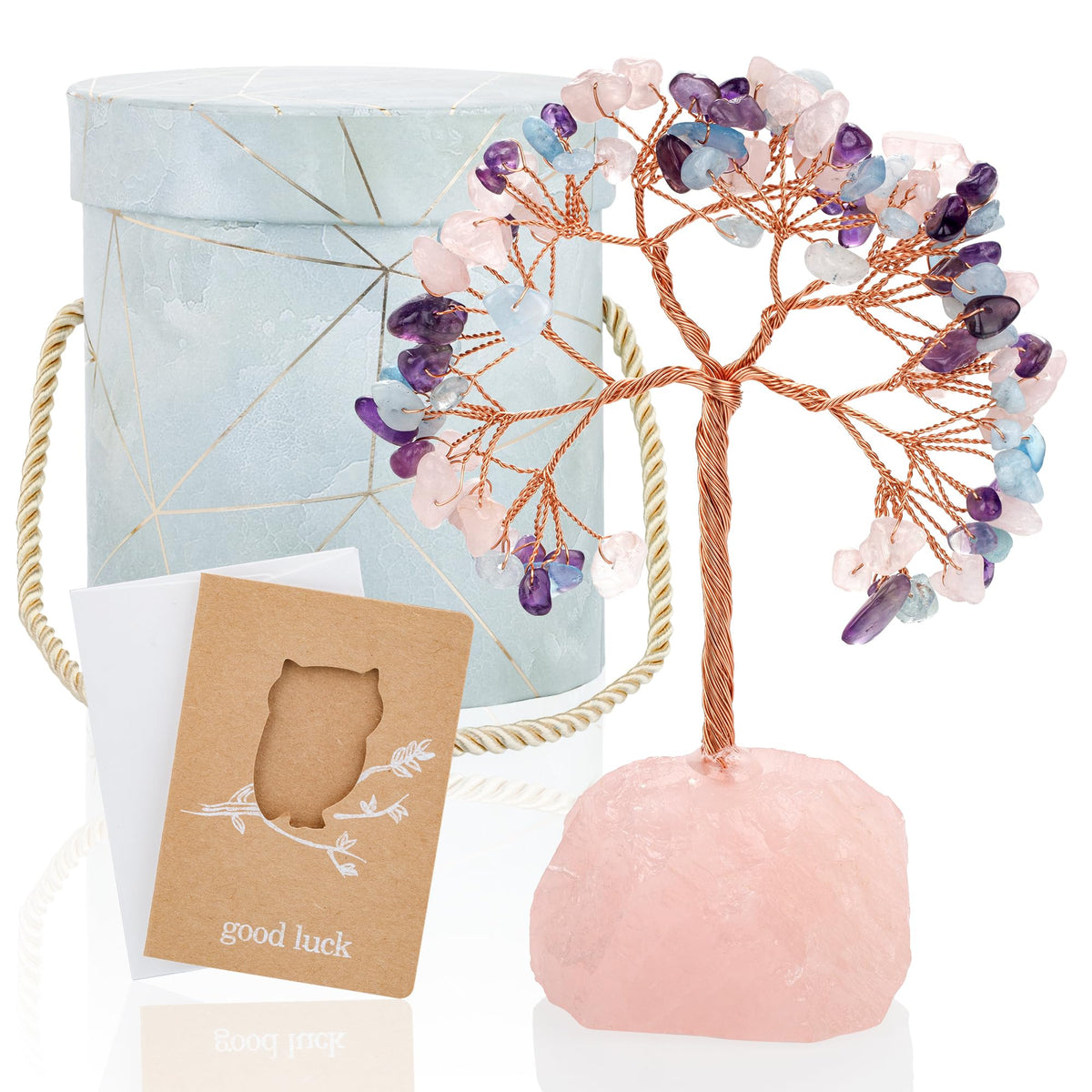 7 Chakra Healing Crystals Stones Tree of Life (Rose Quartz & Amethyst & Aquamarine_stone Pedestal)