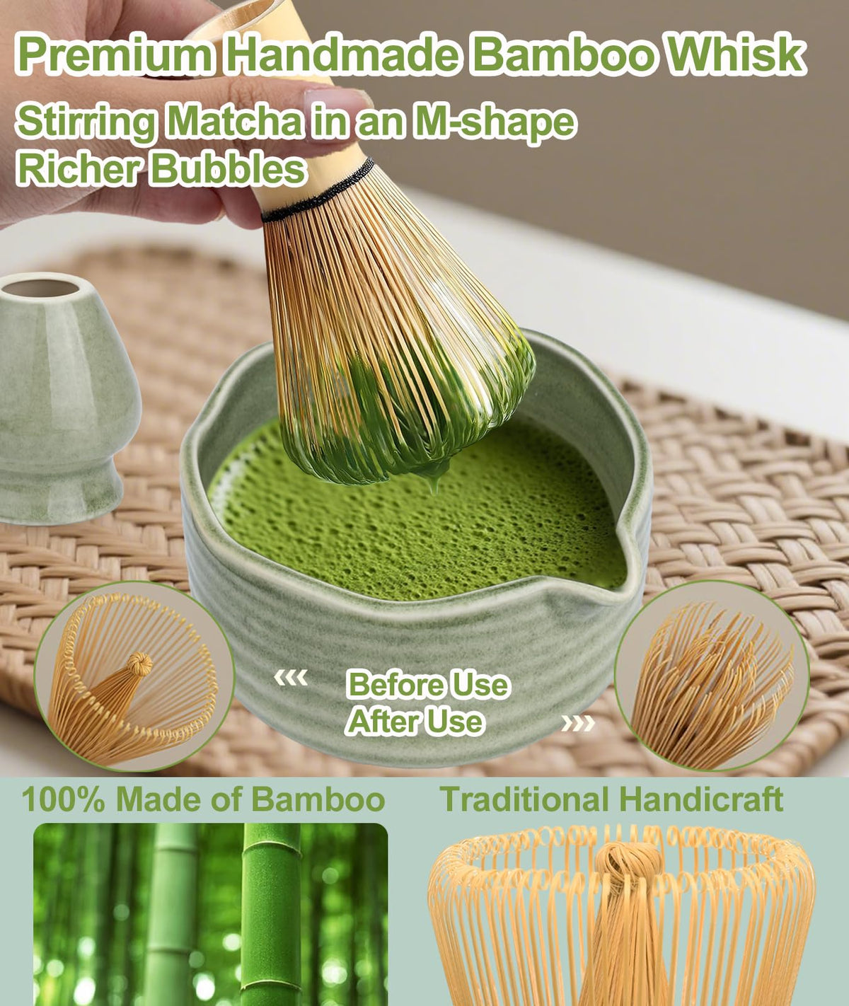 Matcha Set with 17oz Ceramic Bowl (Mottled Green)