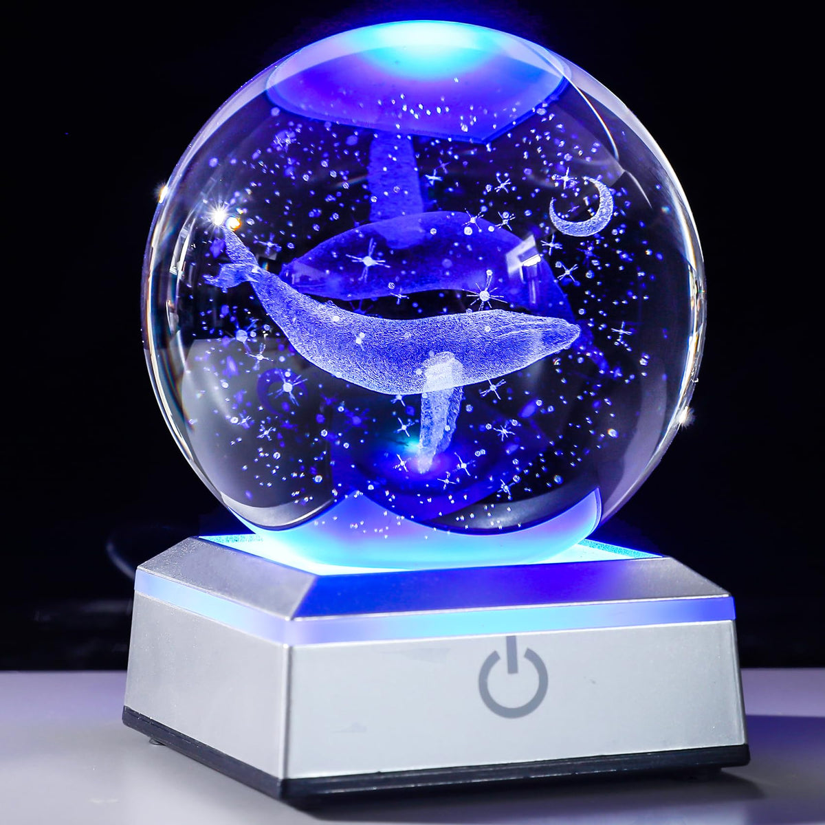 Laser Engraved Moon Whale Figures Crystal Decor Ball 3.14 Inch Ocean (Whale)