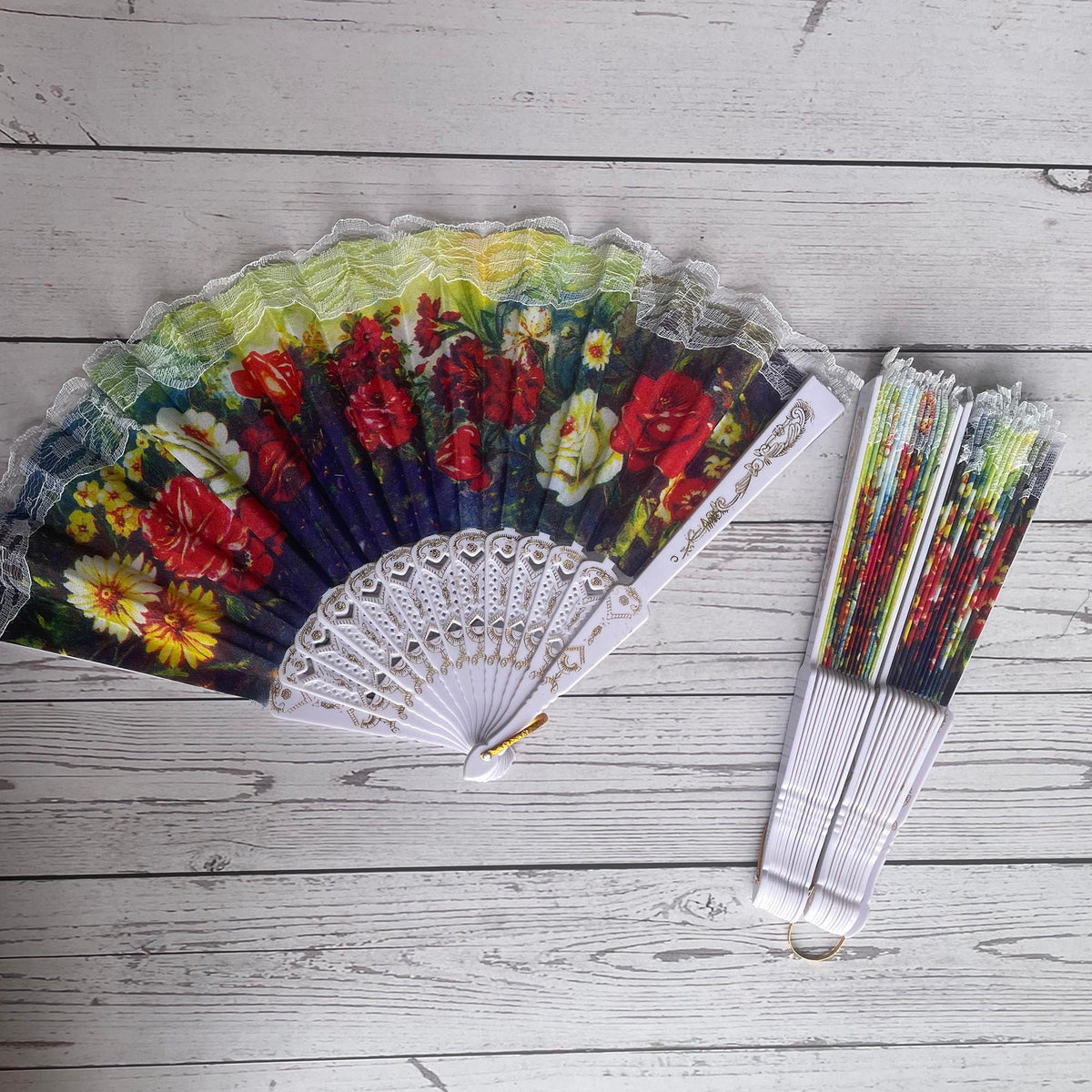 Spanish Folding Hand Fan (12 Pack,Spanish Floral,White)