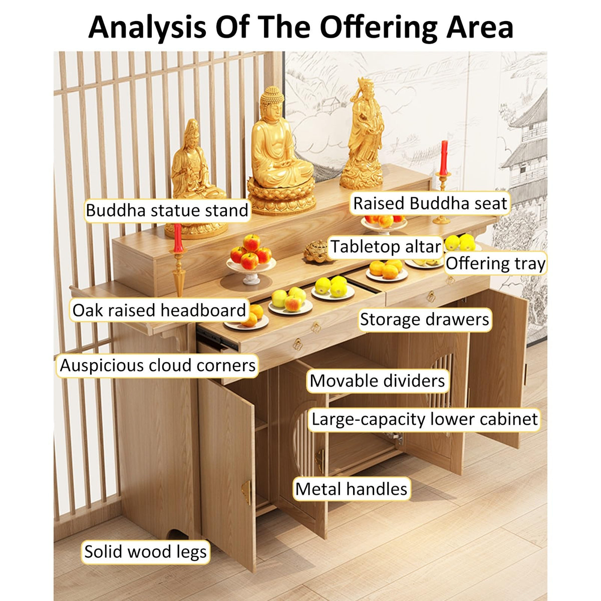 Personal Shrine Stand Bamboo Altar Cabinet Buddha Niche Chinese Cabinet with Storage Buddhist Table with Drawer for Home Use for Family Worship Use for Living Room (Wood / 50.39x18.9x46.65in)