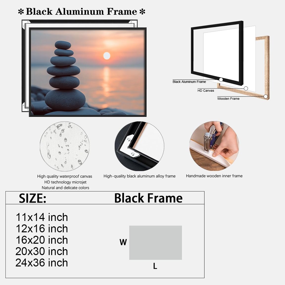 Tranquil Zen Rock Stack Wall Art (Black Aluminum Frame-3 / 24"L x 36"W)