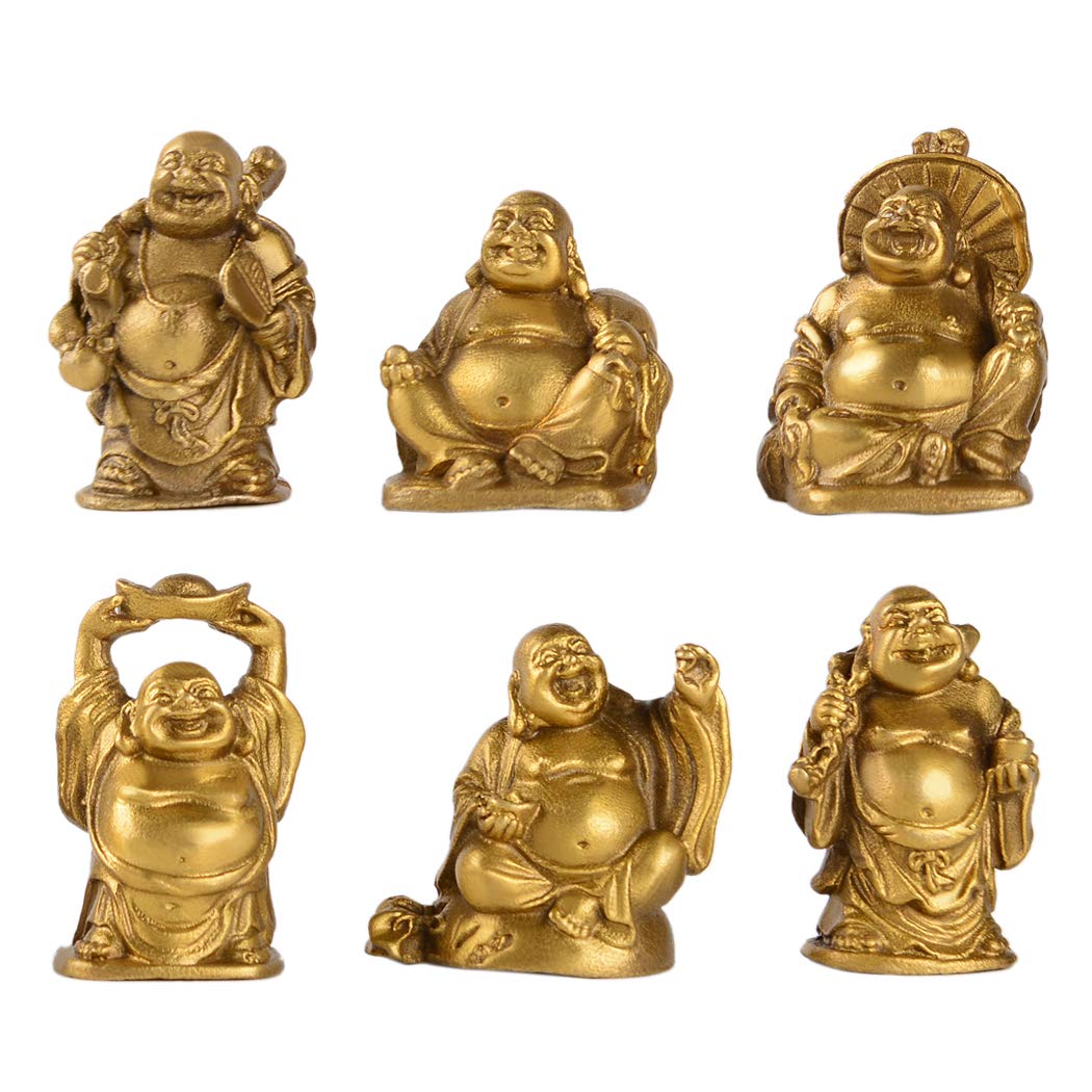 6Pcs 2'' Gold Brass Laughing Buddha Figurines (2''brass Set)