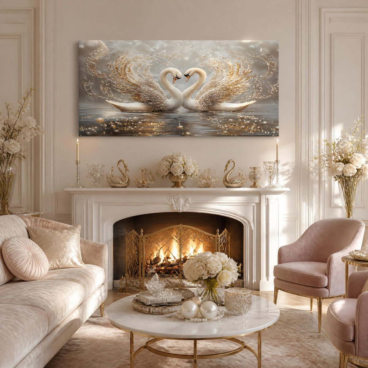 Romantic Swan Canvas Wall Art Gold Glitter Pearl Animal Painting Print Gallery Wrapped Luxury Heart Swan Artwork for Living Room Bedroom Bathroom Decor (Mysterious / White Swans Love 3 / 40"L x 20"W)