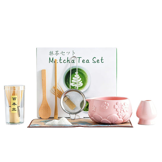 8 Piece Matcha Whisk Set Ceramic Matcha Making Kit Includes Bamboo Whisk (Pink)