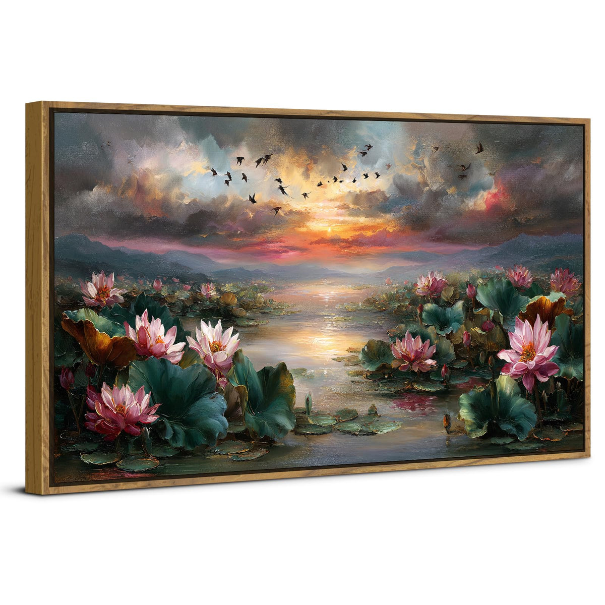 Framed Lotus Flower Decor Zen Wall Art Vintage Pink Floral Pictures Rustic Blooming Botanical Canvas Prints Farmhouse Wildflower Painting Dusk Artwork for Bedroom Living Room Home Decoration 24x48 (24"L x 48"W / Lotus)