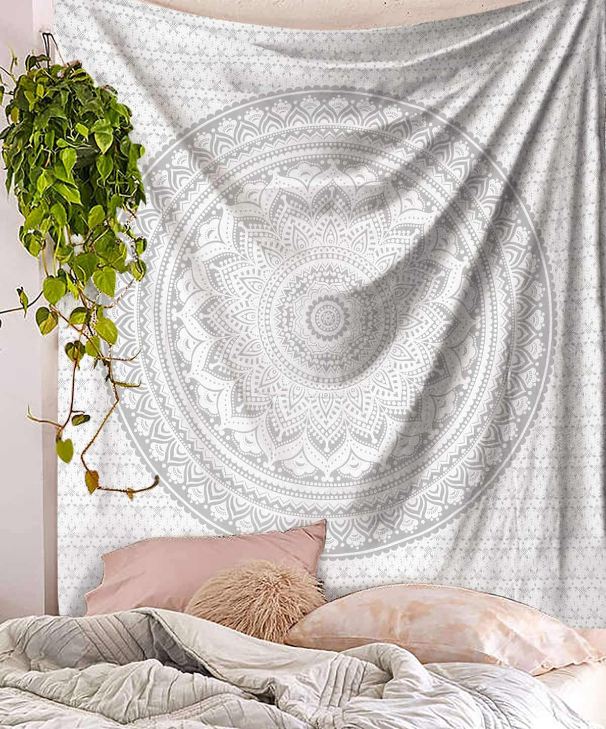 Silver Grey Mandala Wall Hanging (White Silver Ombre / 40"L x 30"W)