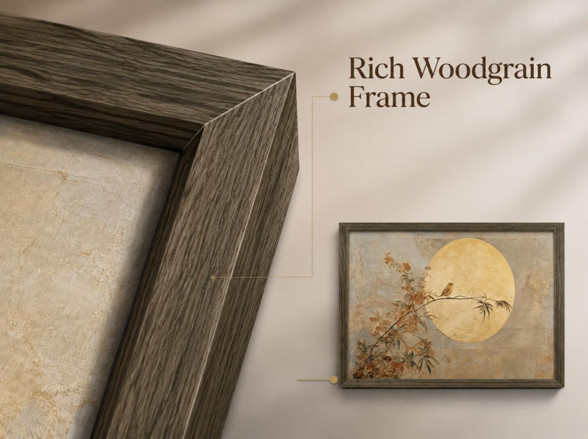 Vintage Japandi Framed Wall Art (Bird Full Moon / 16"L x 12"W)