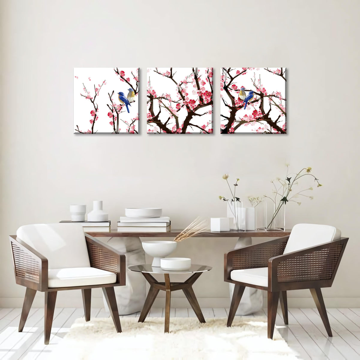 3PCS Chinese Cherry Blossom Canvas Wall Art Pink Plum Flowers with Blue Birds Wall Decor Asian Oriental Style Artwork Spring Nature Home Decor Living Room Bedroom Decoration Ready to Hang (Pink / 16x16 inches (3 pieces))