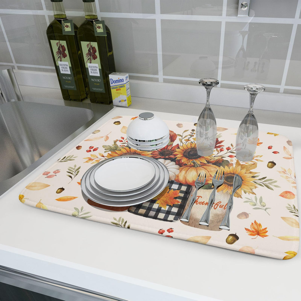 Autumn Sunflowers Vase Dish Drying Mat for Kitchen Counter (Autumn Sunflowers Vase / 18" x 24")