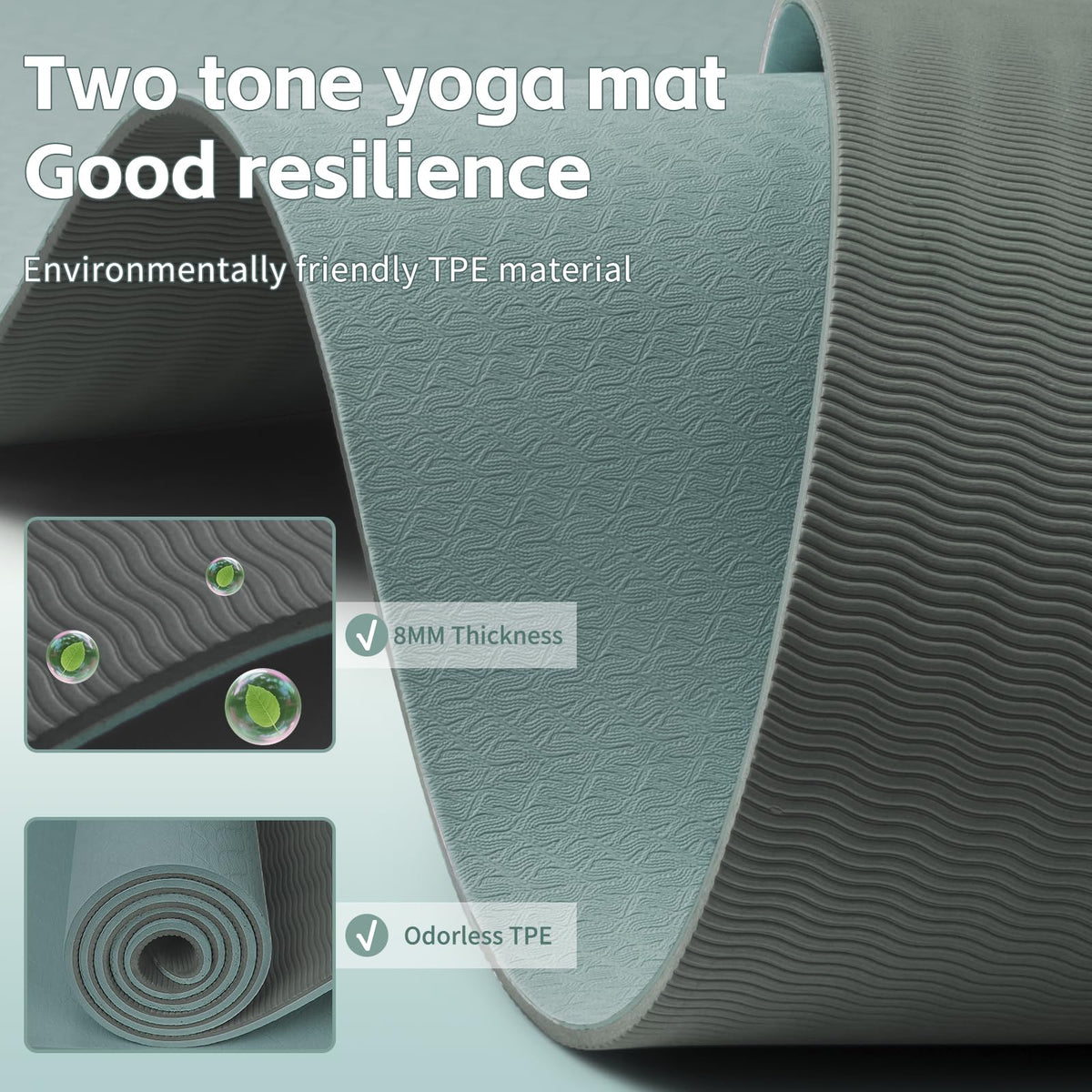 TPE Yoga Mat 8mm Thick Non (Deepgreen&Gray)