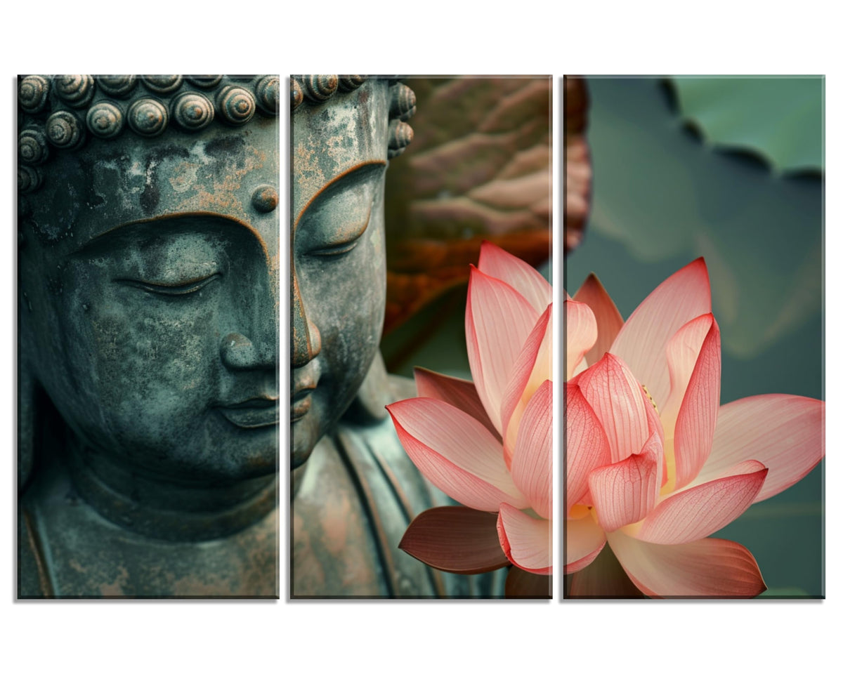 3Pcs Zen Buddha Lotus Flower Canvas Wall Art Spiritual Decor for Meditation Peaceful Home Decor Asian Cultural Symbolism Tranquil Art for Living Room Bedroom Office Ready to Hang (12"L x 24"W / 3PCS-Buddha)