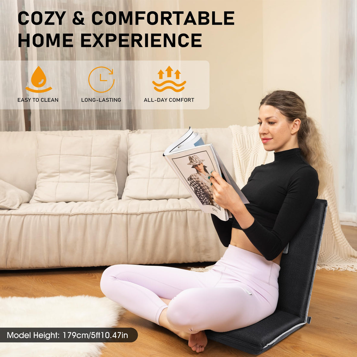 Floor Chair with Back Support Foldable Meditation Seat (Black & Grey)