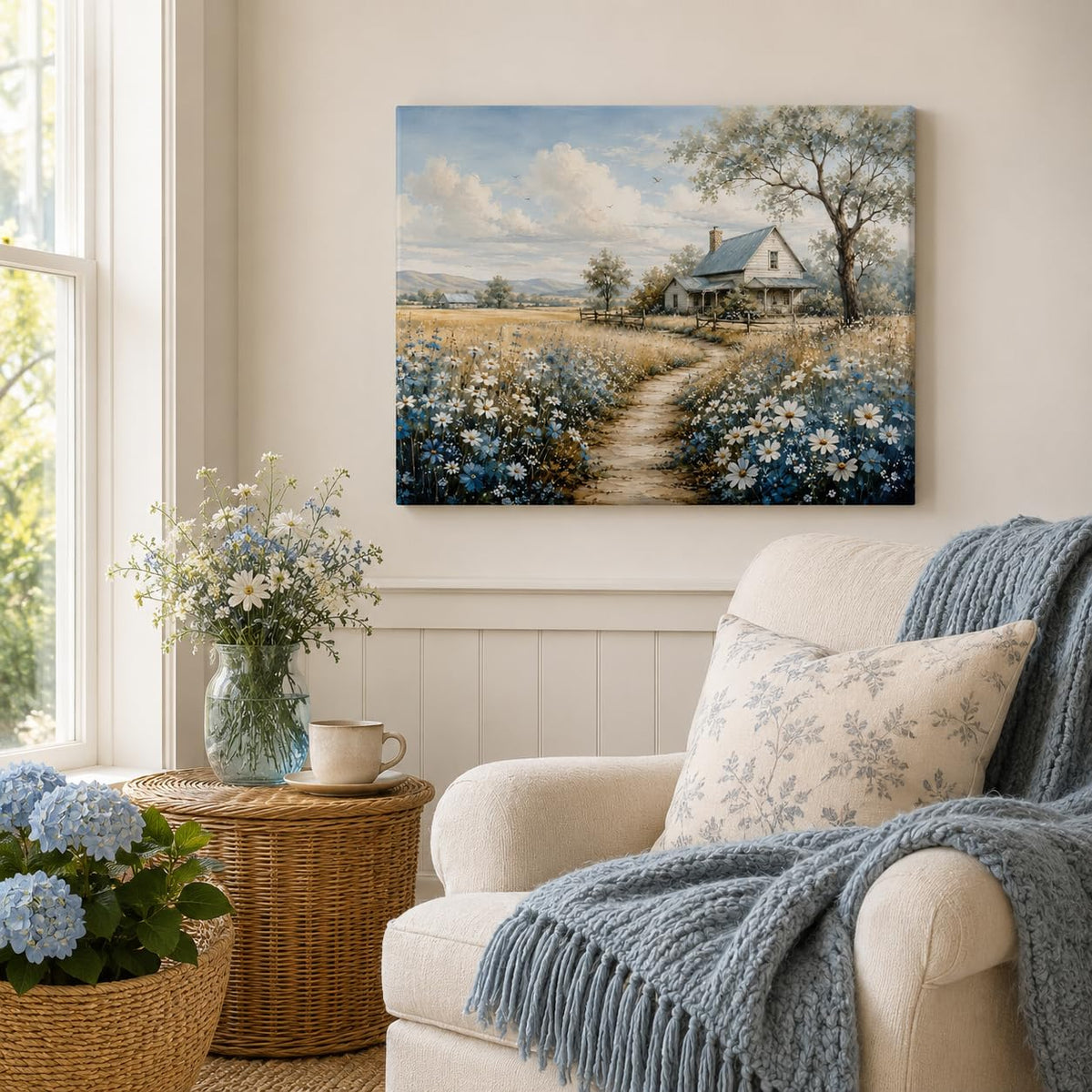 Farmhouse Landscape Framed Canvas Wall Art Wildflower Picture 12x16 Inches (Farmhouse Landscape / 16"L x 12"W)