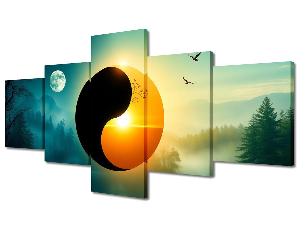 Canvas Wall Art Harmonious Yin Yang Symbol Five Panel Framed Painting Modern Home Decor Asian Philosophy Wall Art Meditation Space Decor Ready to Hang 50" Wx24 H (50''Wx24''H / Artwork-13)