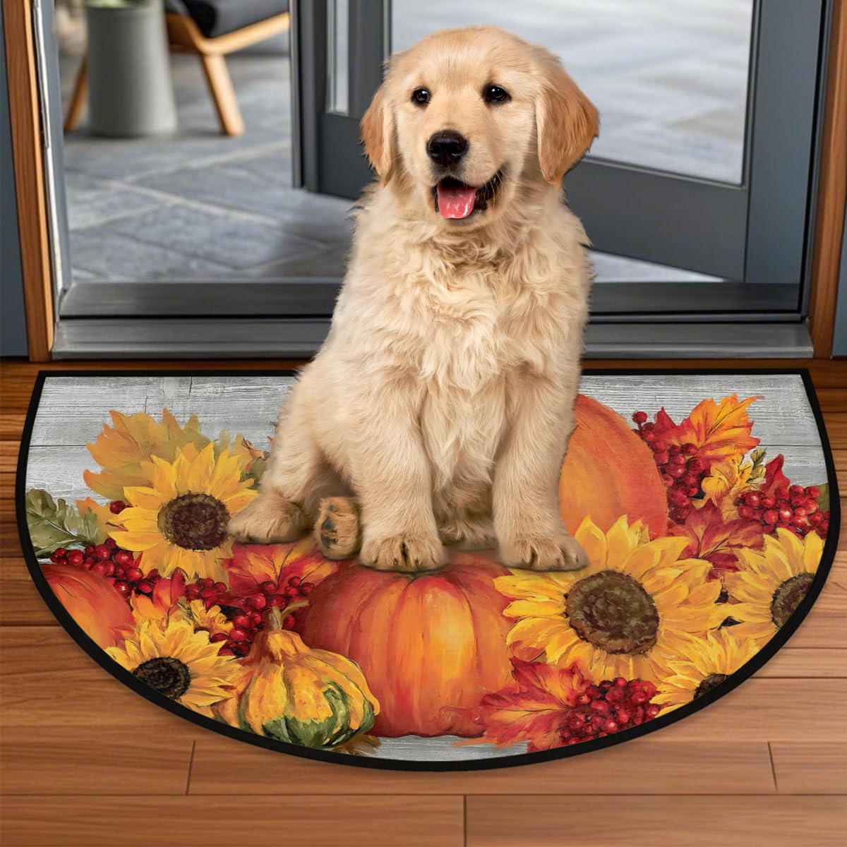 Autumn Half Round Door Mat Non (A-01 Autumn Pumpkins Sunflowers)