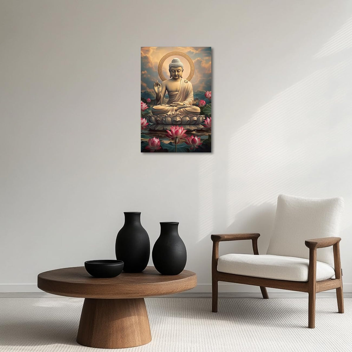 Buddha Canvas Wall Art Zen Picture Lotus Flower Painting Buddha Statue Prints Pink Floral Artwork Meditation Buddhist Artwork Prayer Room Decor Frame (Beige / 18L" x 12W")