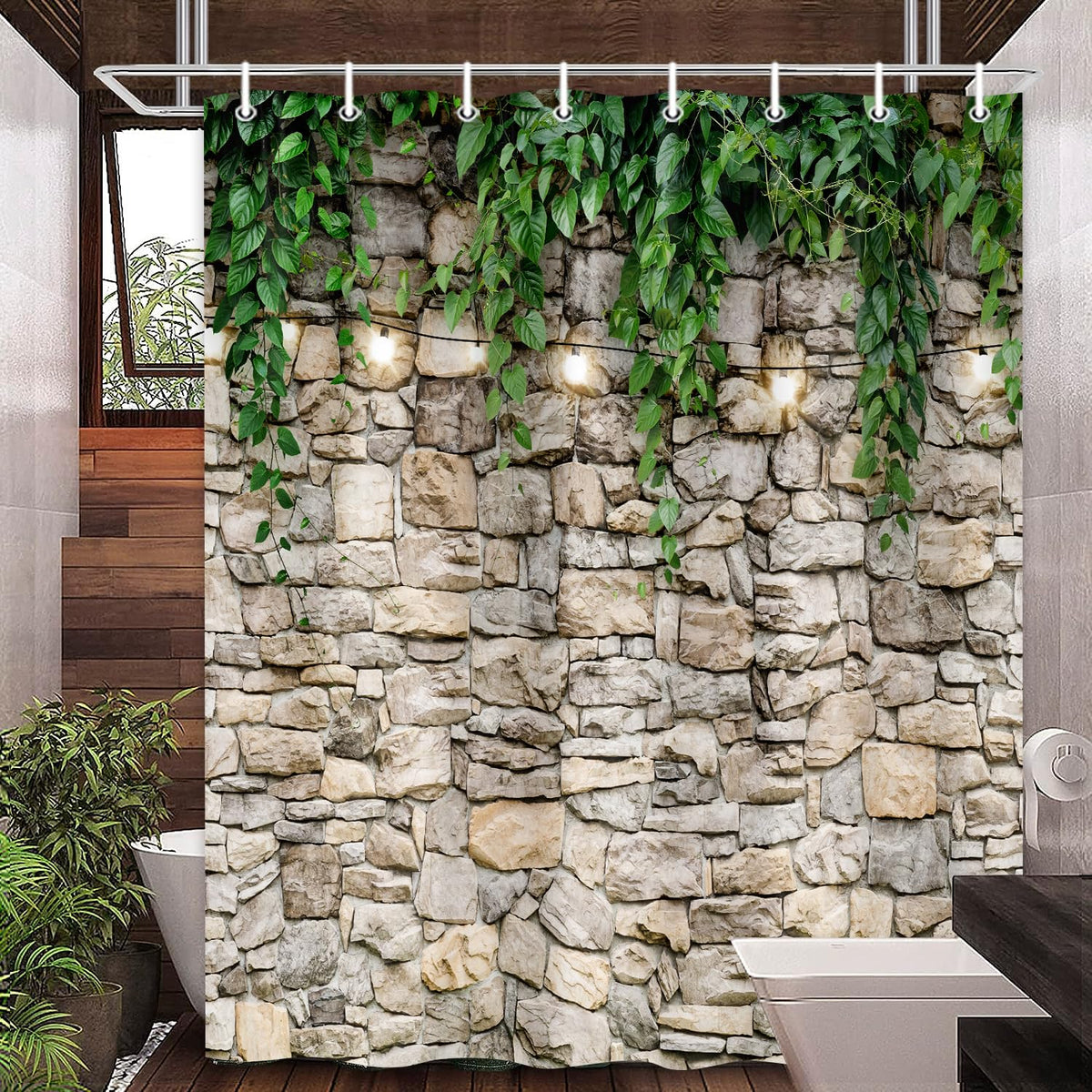 Stone Brick Wall Shower Curtain (White / 47"W x 64"L (Pack of 1))