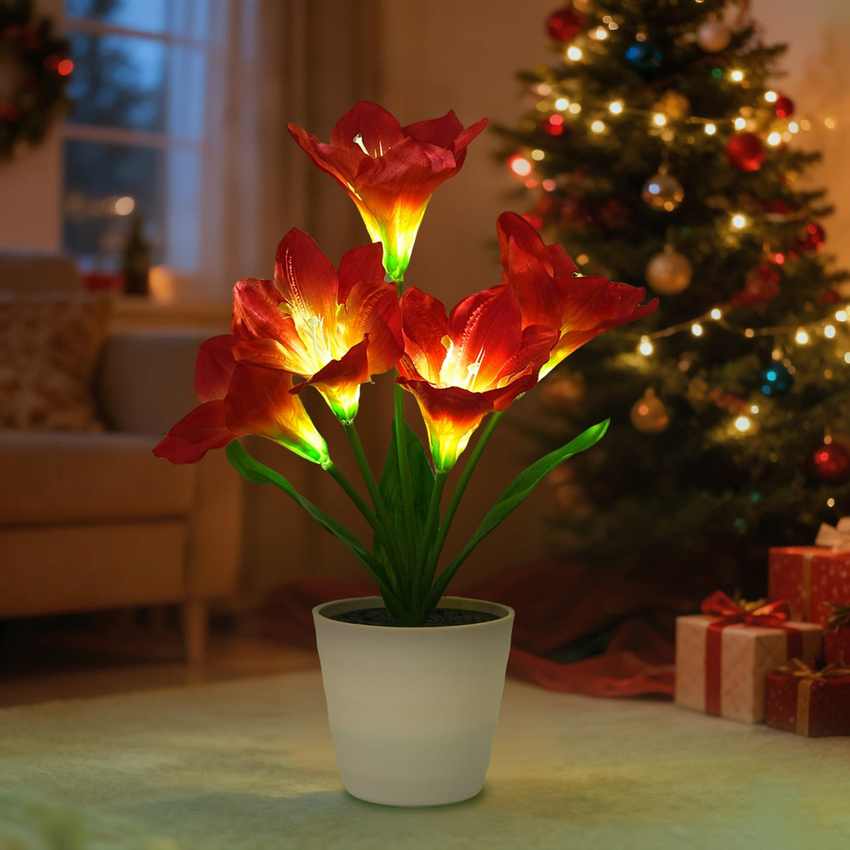Artificial Red Amaryllis Flower Lamp Night Light for Bedroom Bar Coffee Shop Wedding Decor (Lily-Red)