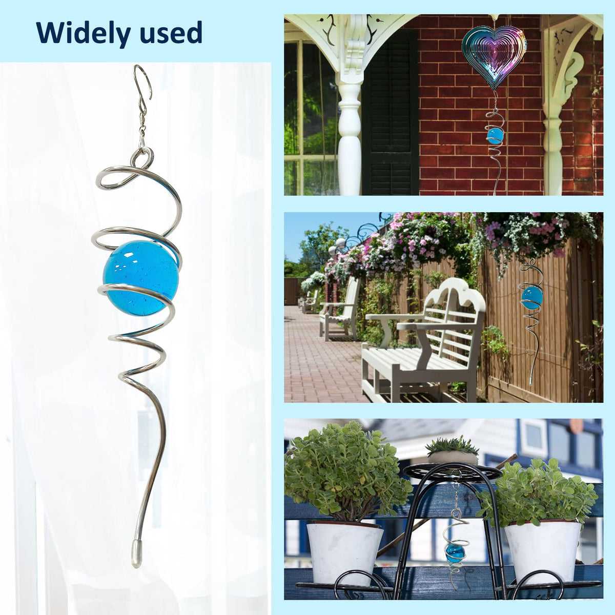 Gazing Ball Spiral Decorative Wind Spinner Tail with Blue Glass Orb (13in / 006-blue)