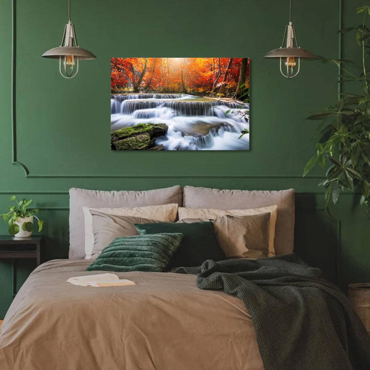 Waterfall Wall Art Nature Forest Mountain Landscape Wall Decor Bathroom Tropical Red Maple Leaves Canvas Prints Living Room Rustic Sunshine Scenery Artwork for Kitchen Office Bedroom Decoration 20x30" (30"L x 20"W / Waterfall Fall)