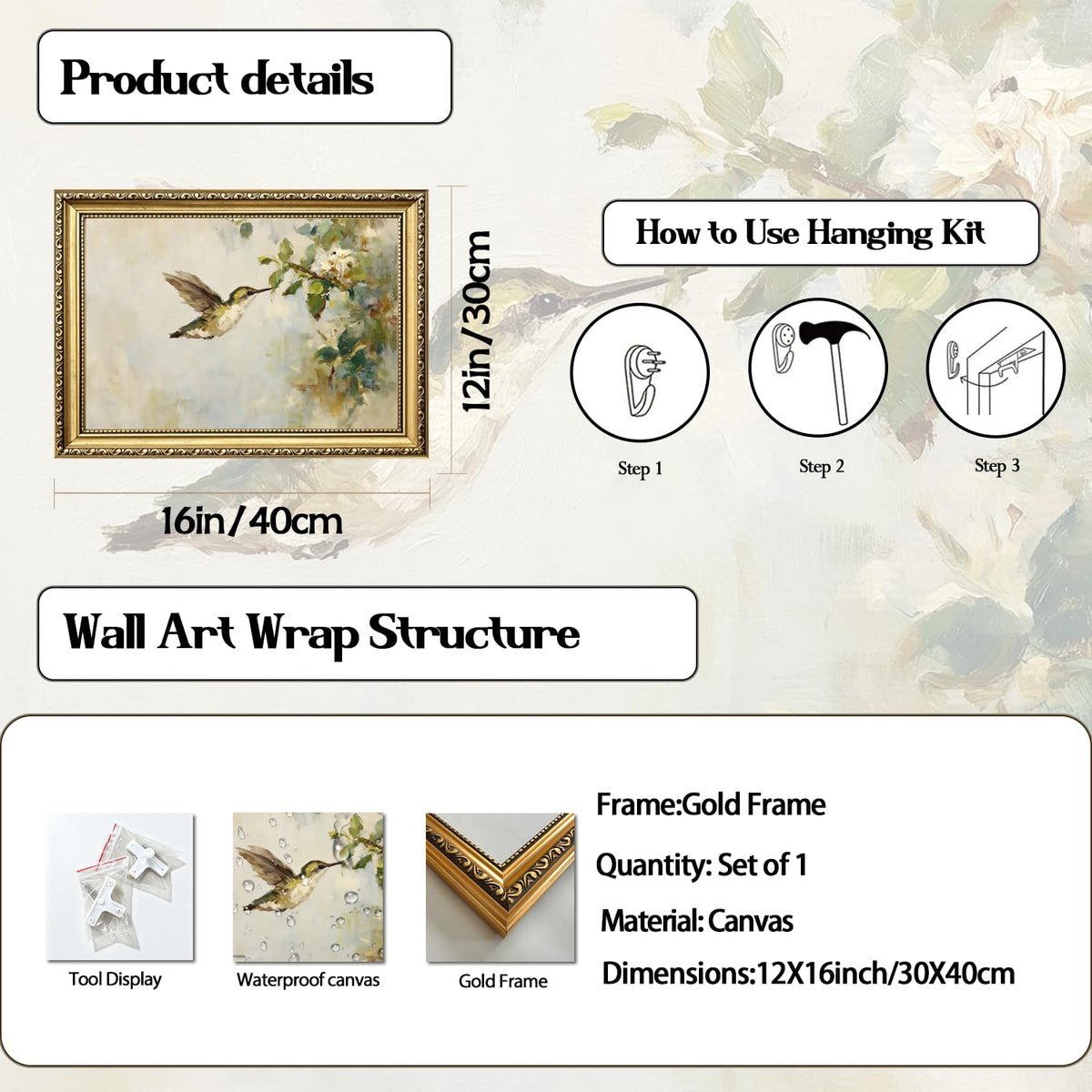 Hummingbird Wall Art Vintage Bird Floral Wall Decor Picture Rustic Cottagecore Animal and Botanical Canvas Painting Print for Living Room Bedroom Bathroom 12x16 inch Gold Framed (Animal-O / 16"L x 12"W)